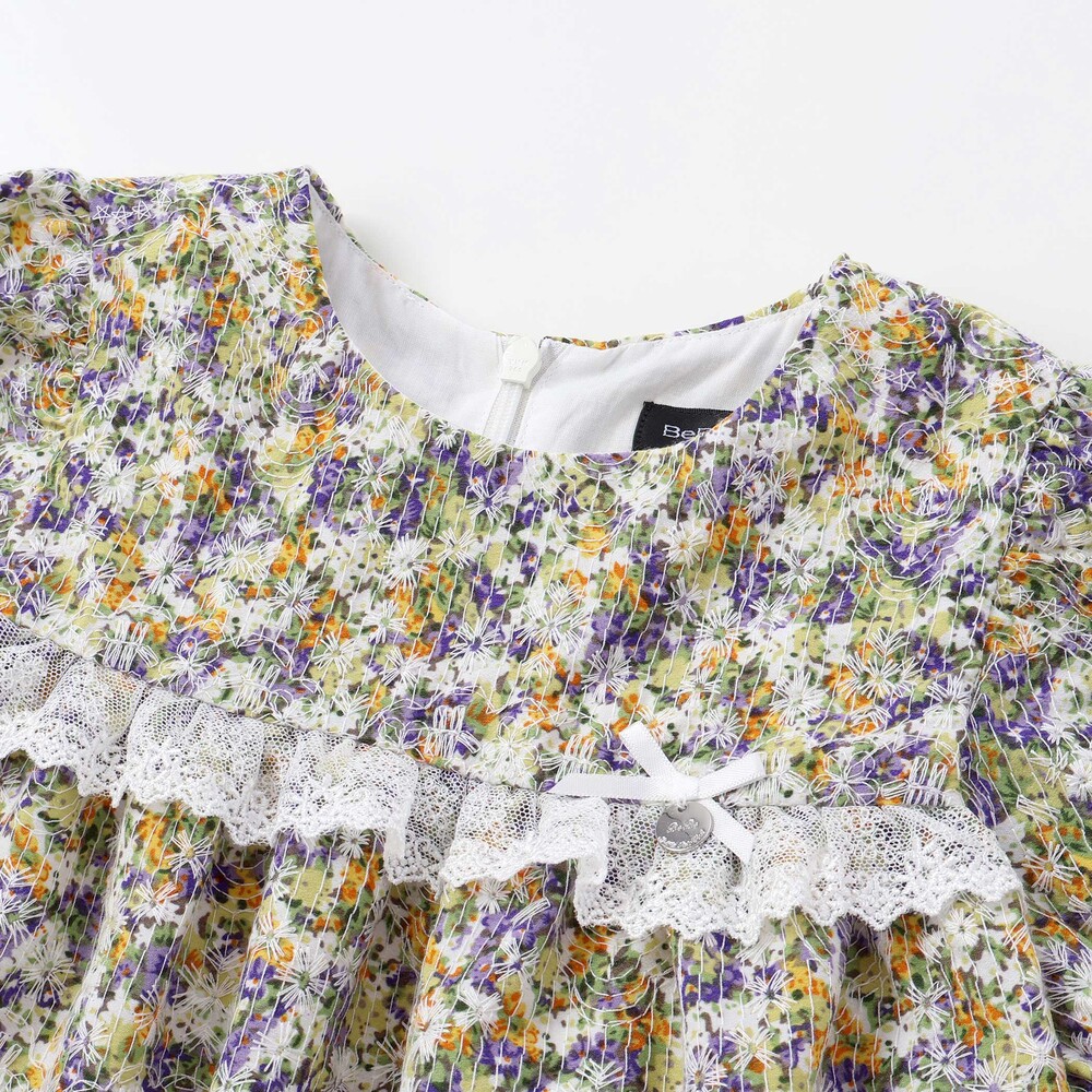 花刺しゅう+花プリントワンピース(95~150cm) パープル系 95cm