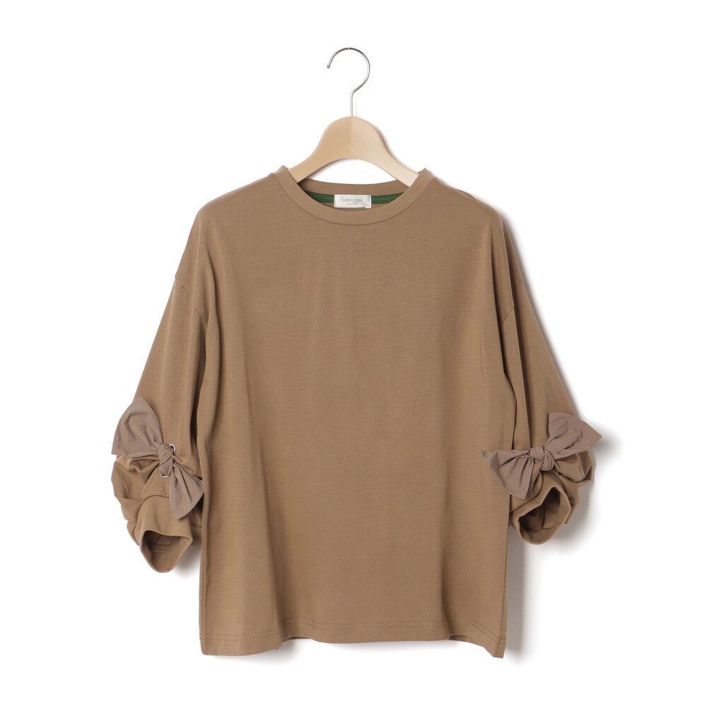 BIGリボンモチーフバルーンスリーブ天竺6分袖Tシャツ 親子お揃い 大人(140~160cm) ブラウン M(150~160cm)