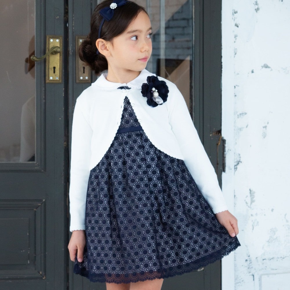 日本製 フォーマル オーガンジー レース リボン Aライン 刺繍 ジャンパースカート ワンピース ドレス (140cm) ネイビー 140cm