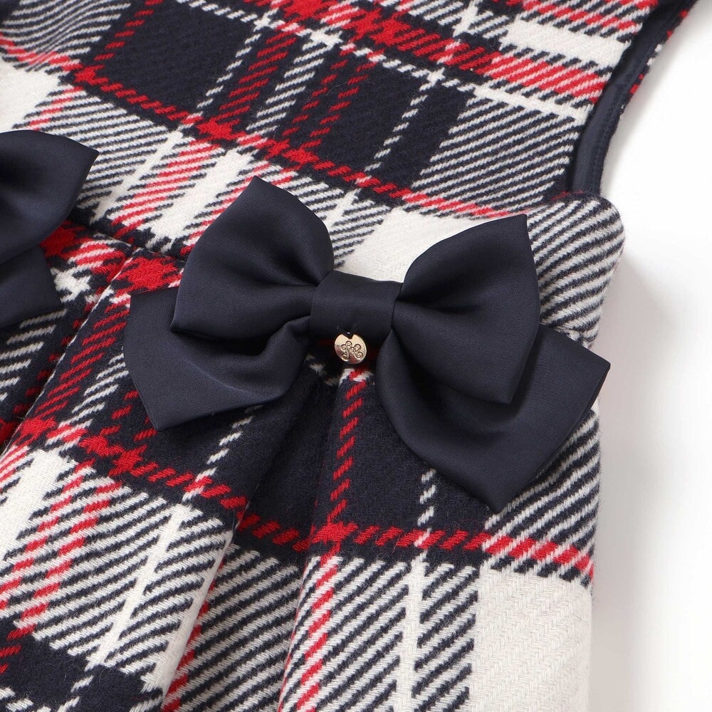 【日本製】【お揃い】ウールチェックサイドリボン付きジャンパースカート(90~140cm) ネイビー系 100cm