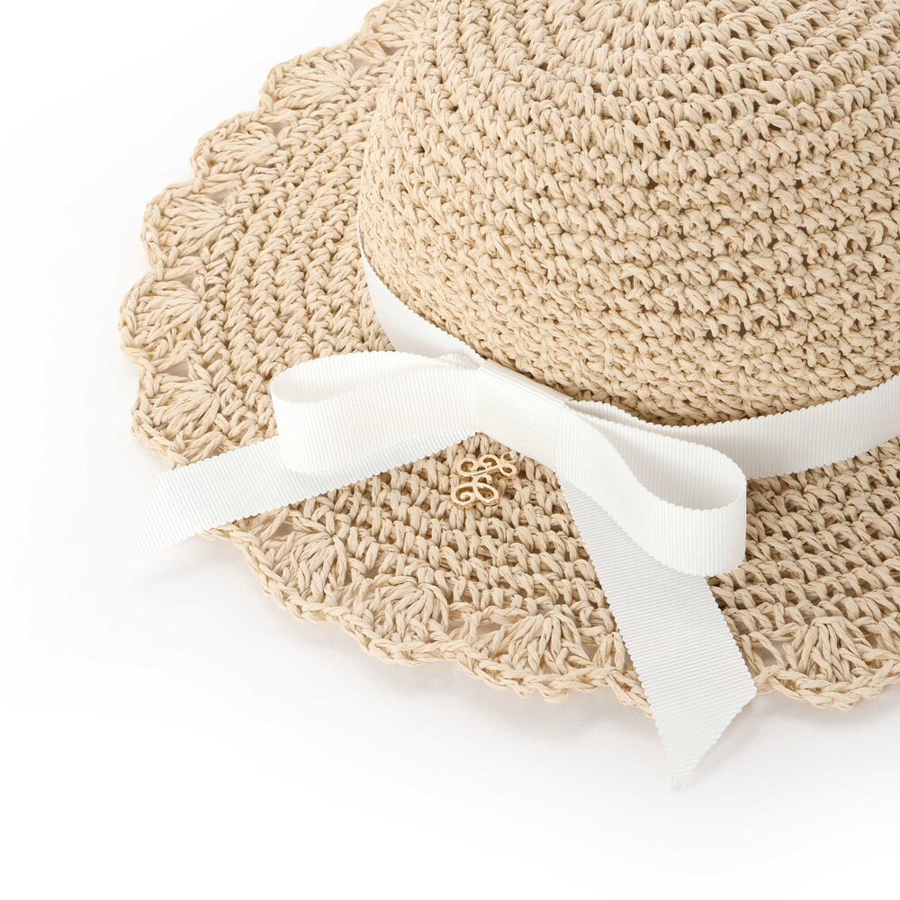 【UVカット】【お揃い】リボン付きブリムスカラップデザインペーパーハット(52~56cm) ネイビー 52cm