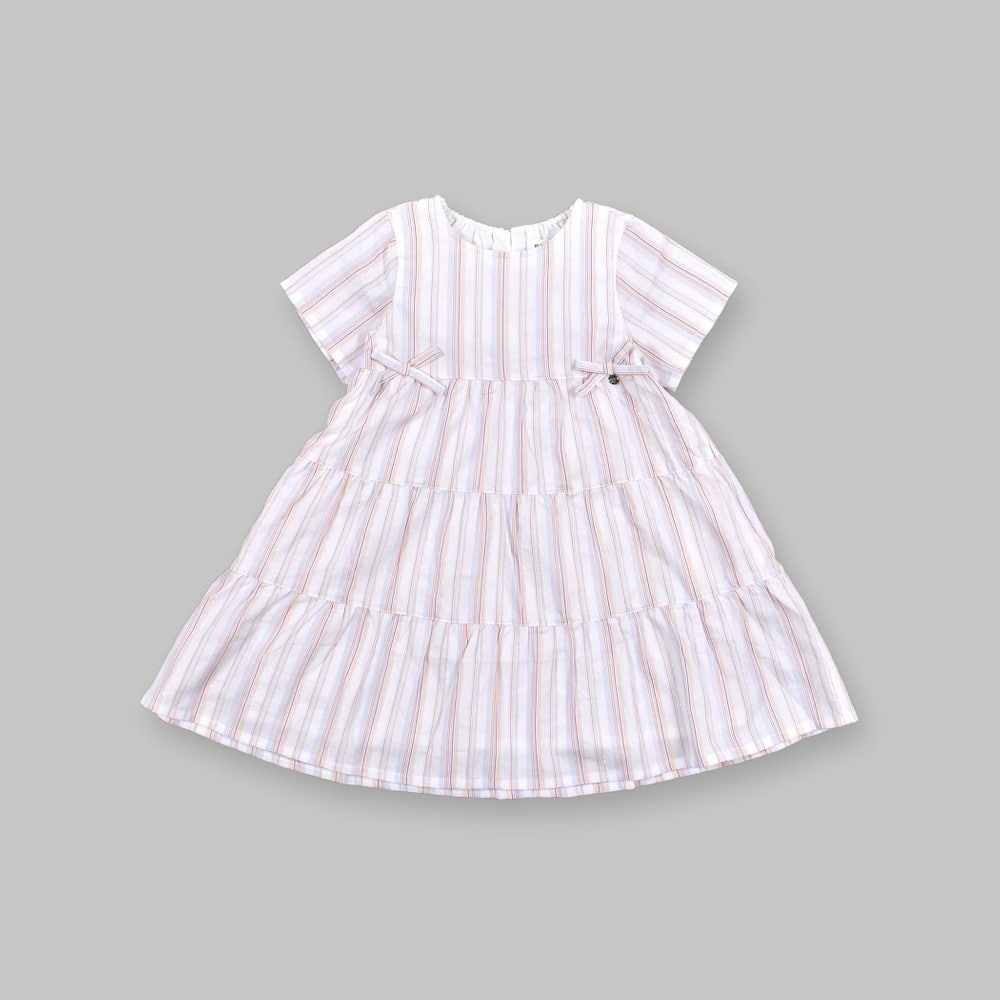 ストライプ ティアード 裏地付 ワンピース (90~130cm) オレンジ系 130cm