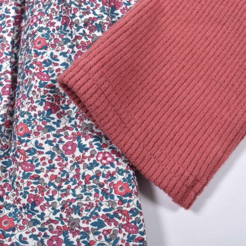 【 お揃い 】 花柄 プリント スモッキング 刺繍 ドッキング Wフェイス ワンピース (80~130cm) グリーン系 110cm