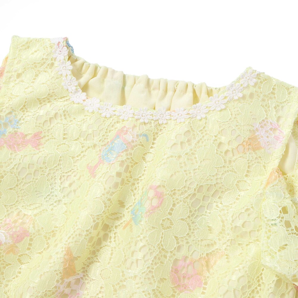 【お揃い】花柄レースアイス総柄肩明きワンピース(90~130cm) ブルー系 90cm