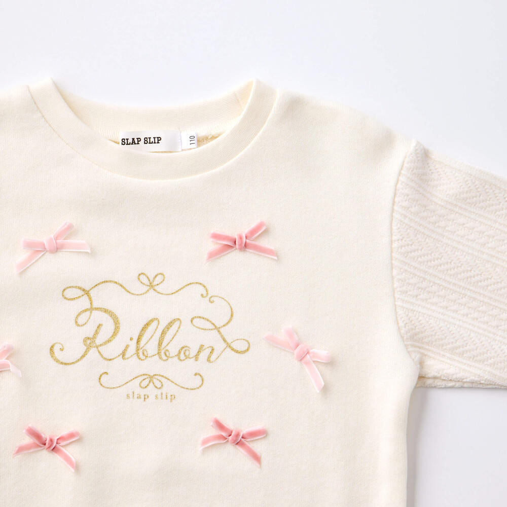 きらめくグリッタープリント切り替えトレーナー+ケーブル編みチェックショートパンツ2点セット(80~130cm) オフホワイト 80cm