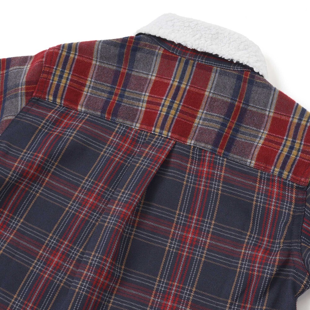 【お揃い】もこもこボア襟切り替えチェックシャツ(90~130cm) ネイビー×レッド系 90cm