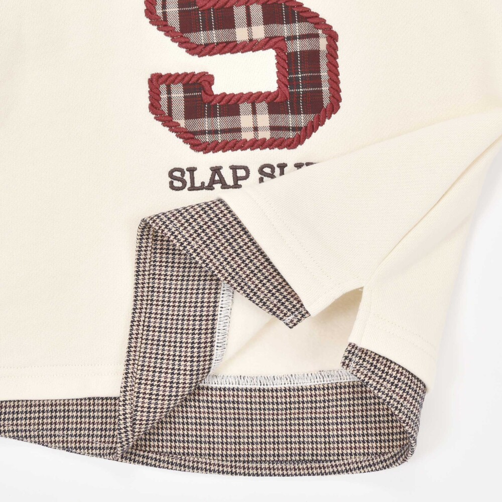 【お揃い】裏起毛チェック切り替えアルファベット刺しゅうトレーナー(80~130cm) オフホワイト 80cm