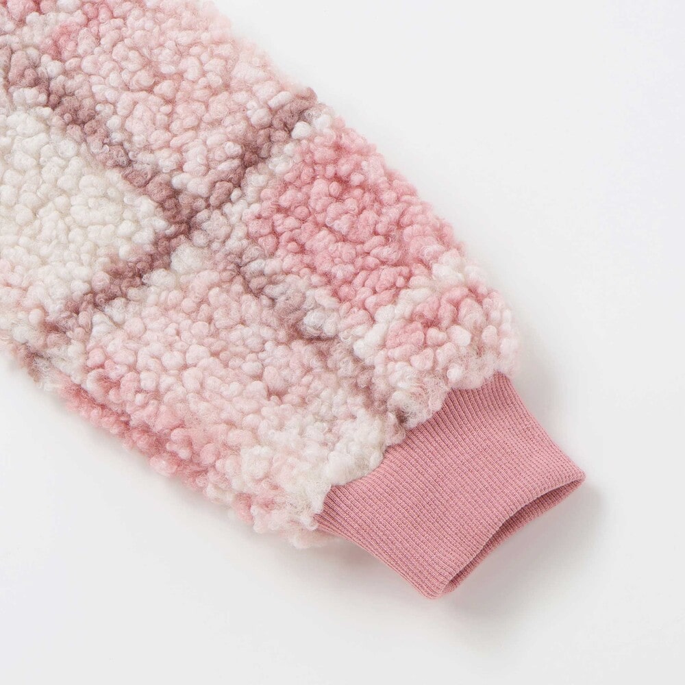 ハートリボンキラキラボアパッチもこもこチェックトレーナー(80~130cm) ブルー系 80cm