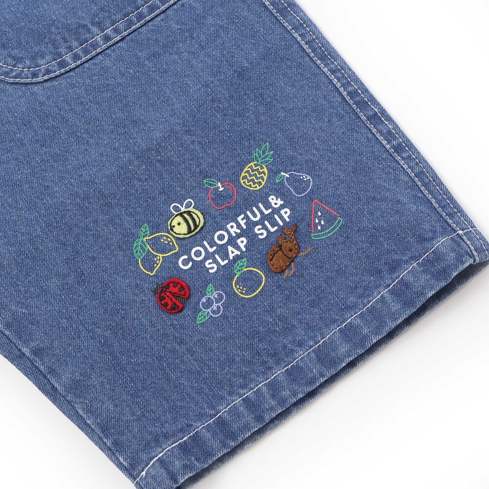 フルーツ昆虫パッチストライプ切り替え5.5分丈デニムパンツ(80~130cm) ブルー 80cm