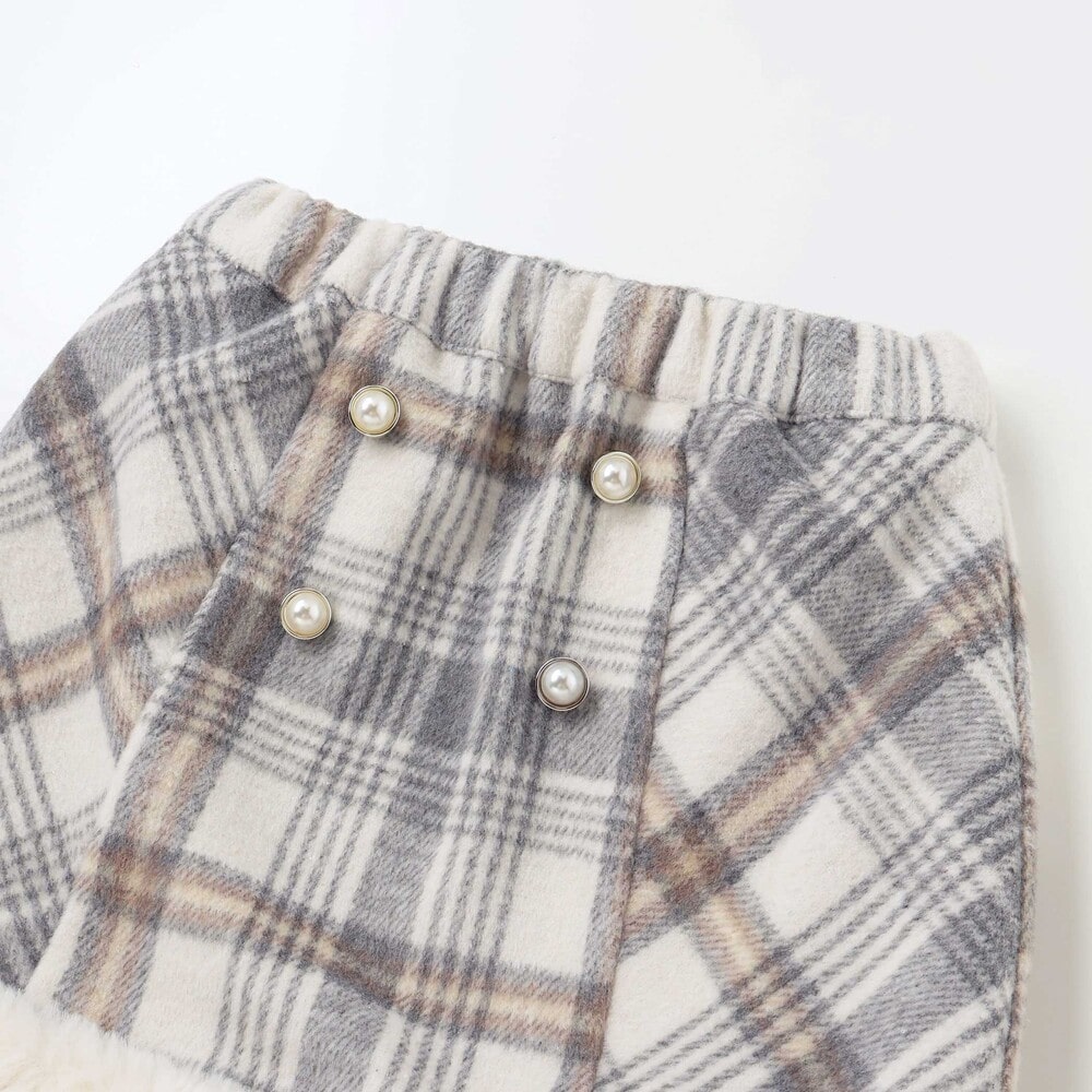 【お揃い】ファー切替チェック台形スカート(90~130cm) グレー系 90cm