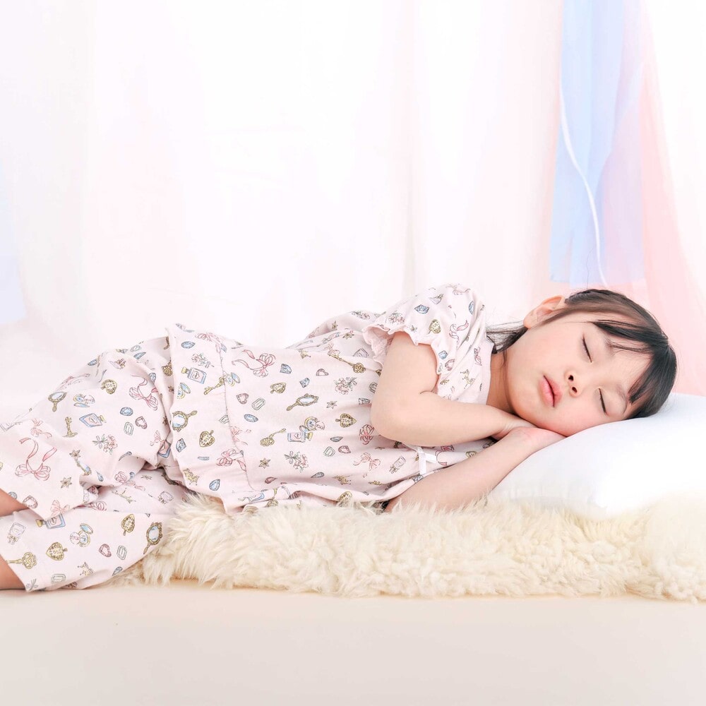 【スララク/腹巻き一体型/防汚加工】みんな快眠!半袖みんみんパジャマ上下セット(80~130cm) ホワイト×いちご×フリル 90cm