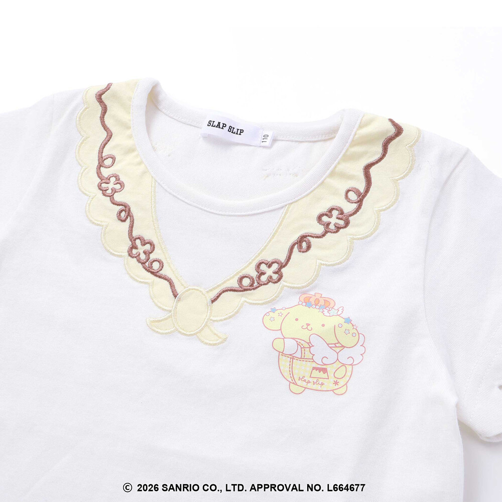 【シナモロール/ポムポムプリン×SLAPSLIP】袖スカラップ耳付きセーラー襟風Tシャツ(90~130cm) オフホワイト 90cm