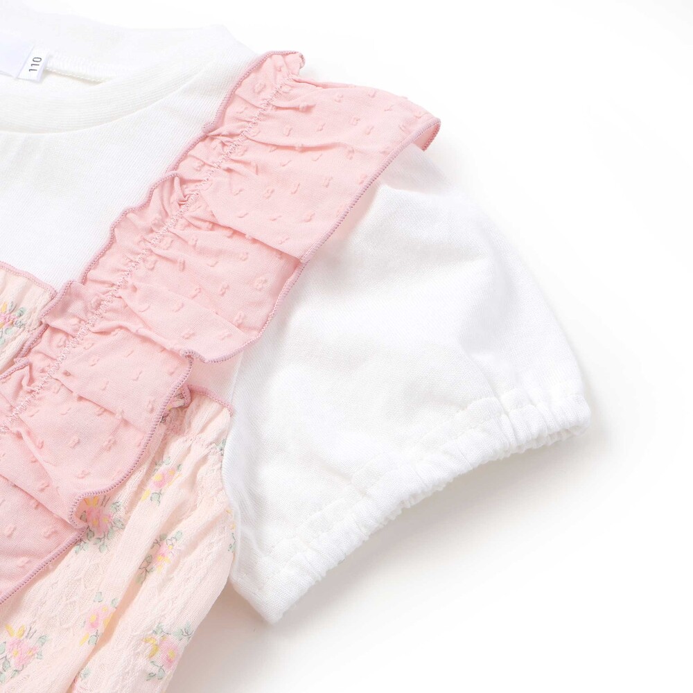 肩フリル花柄レースドッキング半袖Tシャツ(80~130cm) イエロー系 80cm