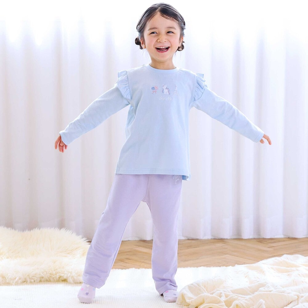 【スララク/防汚加工/オーガニックコットン】ときめきデザイン女の子長袖Tシャツ(80~130cm) ブラックドット×チェリー刺しゅう 80cm