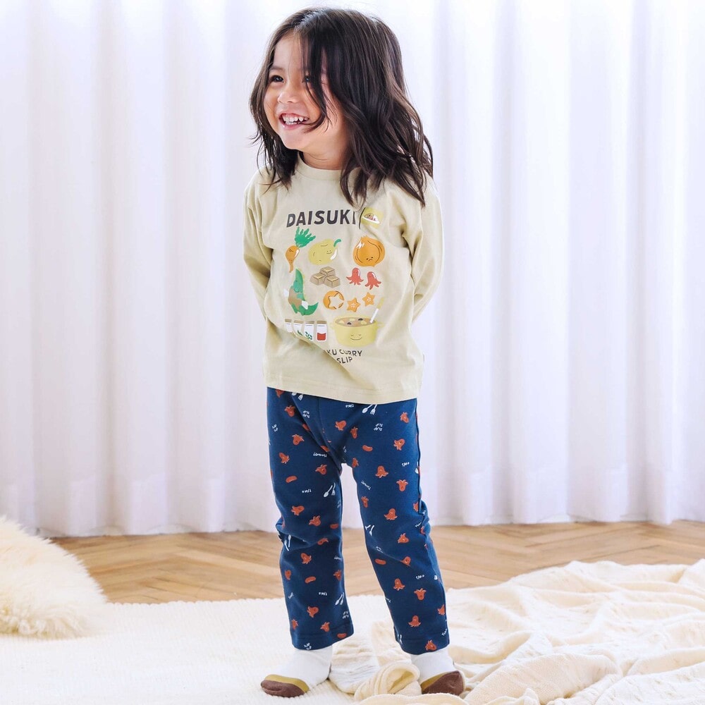 【スララク/防汚加工/オーガニックコットン】わくわくデザイン男の子長袖Tシャツ(80~130cm) ネイビー×ワニ恐竜消防車 80cm