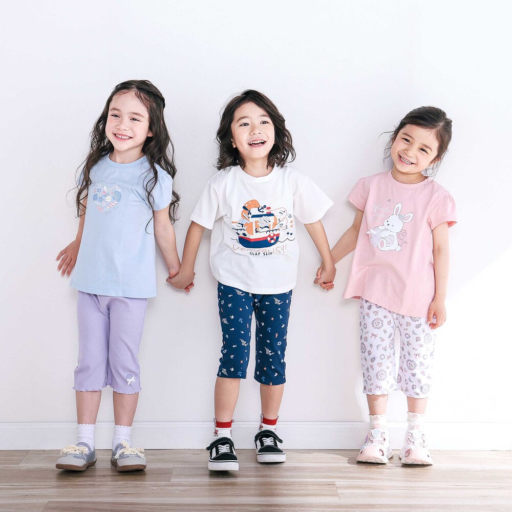 【スララク/吸汗速乾/接触冷感/オーガニックコットン】ときめき女の子半袖Tシャツ(80~130cm) コーラル×お花アイス×袖フレア 80cm