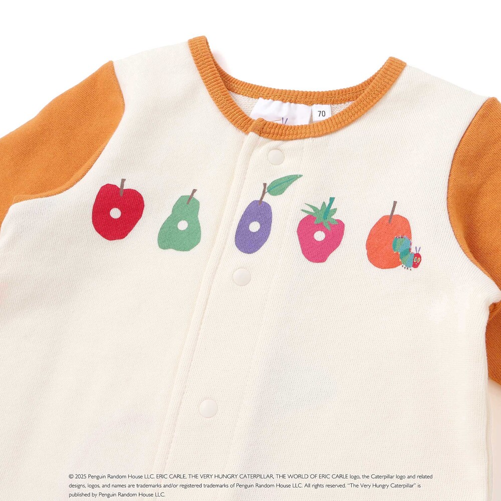 【絵本コラボ-はらぺこあおむし-】袖配色おしりパッチカバーオール(70~80cm) グリーン(リンゴ) 70cm