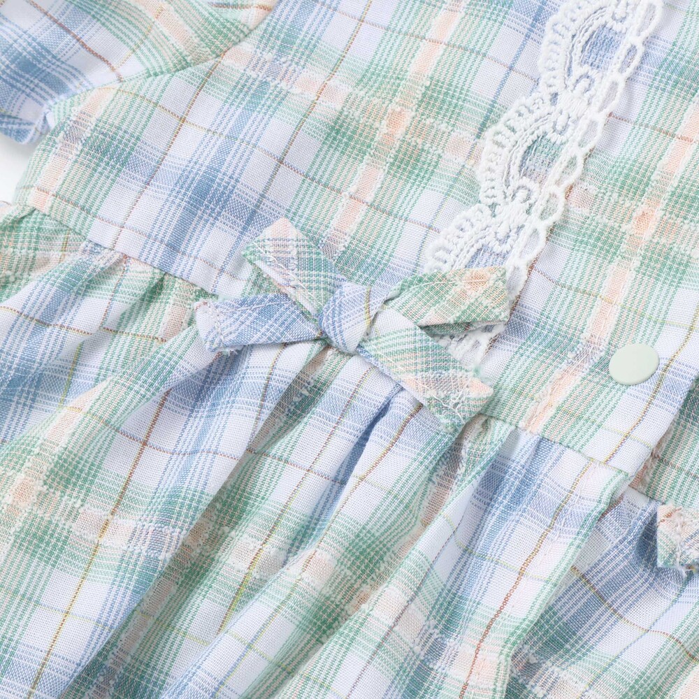 【お揃い】リボン付きマドラスチェックカバーオールベビー(70~80cm) ブルー系 70cm