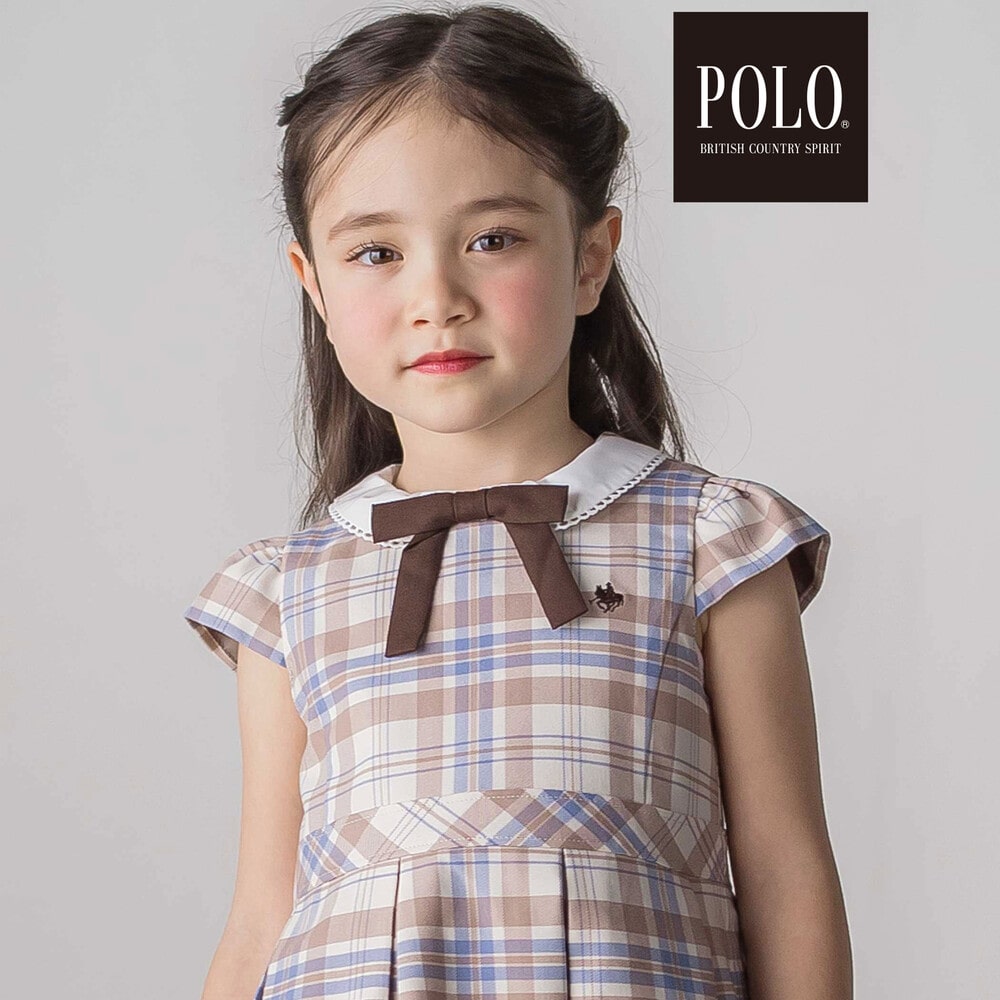 【POLO BCS(ポロ・ビーシーエス)×SLAP SLIPコラボ】袖切り替えジャケット+襟リボン付きチェックワンピース(110~130cm) ベージュ系 110cm
