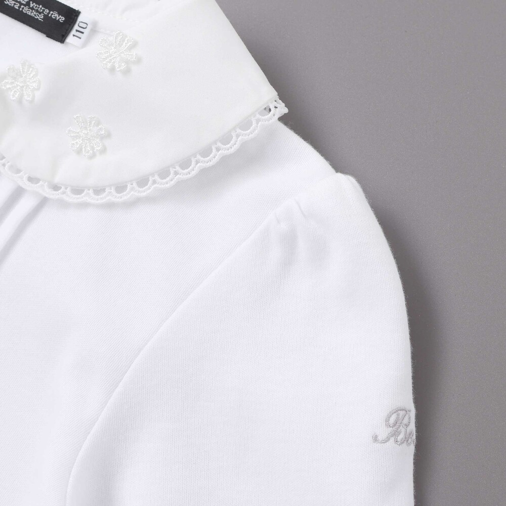 花レース丸襟フロントタックスムース長袖ブラウス(90~140cm) ホワイト 90cm