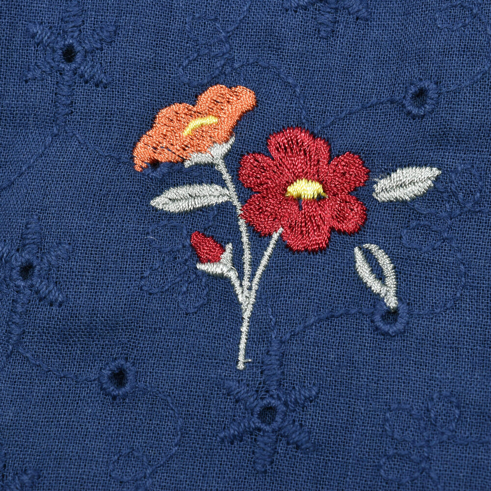 レース切替フラワー刺繍フリル袖Tシャツ ネイビー