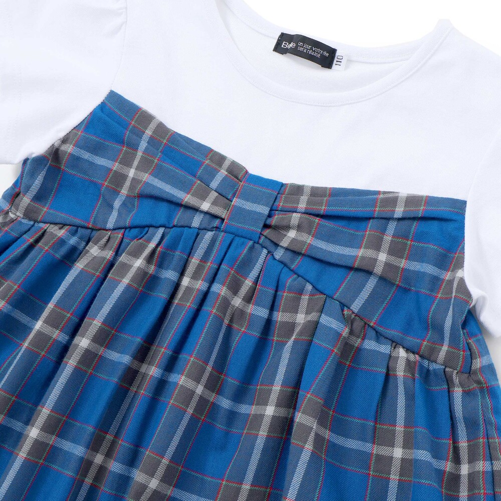 【お揃い】【神戸タータン×BeBe】チェックビスチェドッキング半袖Tシャツ(90~150cm) ブルー系 90cm