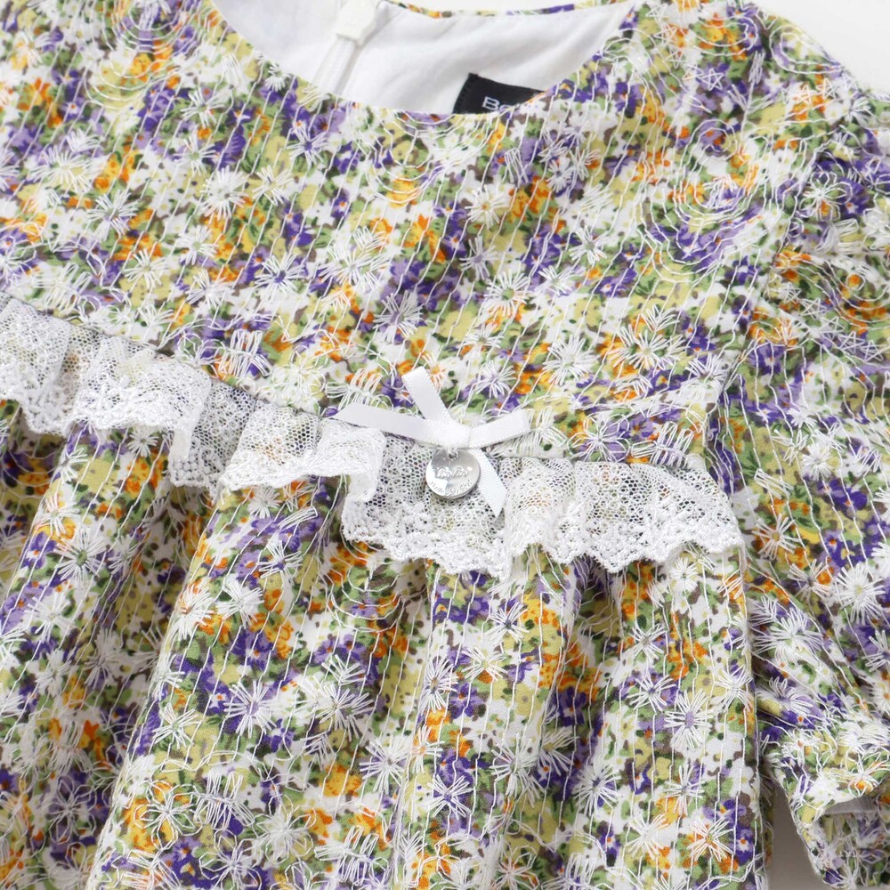 花刺しゅう+花プリントワンピース(95~150cm) パープル系 95cm