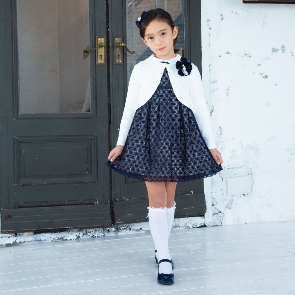 日本製 フォーマル オーガンジー レース リボン Aライン 刺繍 ジャンパースカート ワンピース ドレス (140cm) ネイビー 140cm