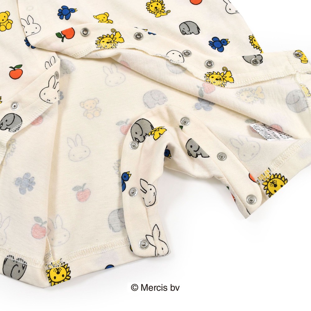 【miffy×bebe reduction コラボアイテム】ミッフィー 動物 総柄 半袖 カバーオール (70~90cm) オフホワイト系 70cm