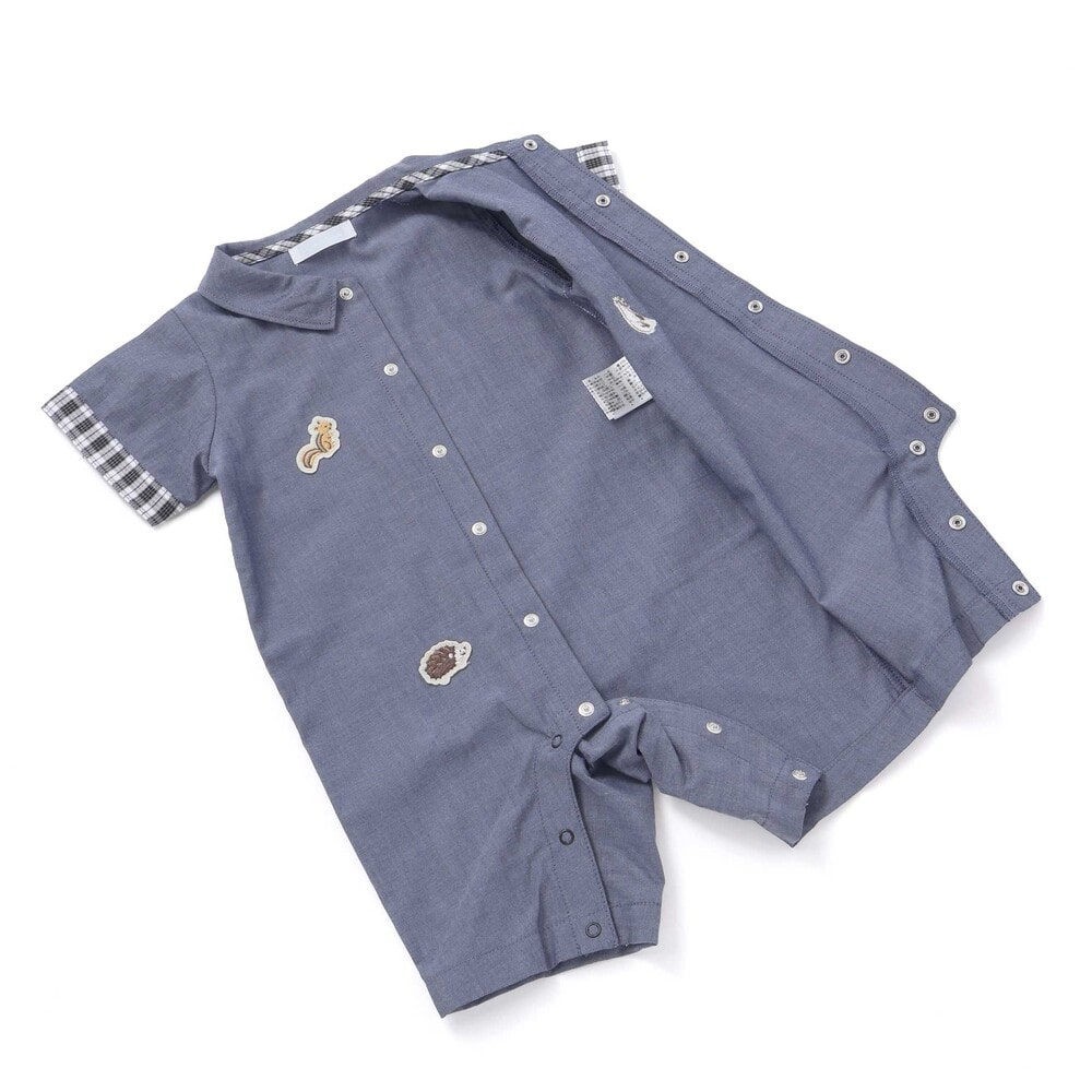 森のどうぶつプリントワッペン付きダンガリー半袖カバーオール(70~80cm) ネイビー 70cm