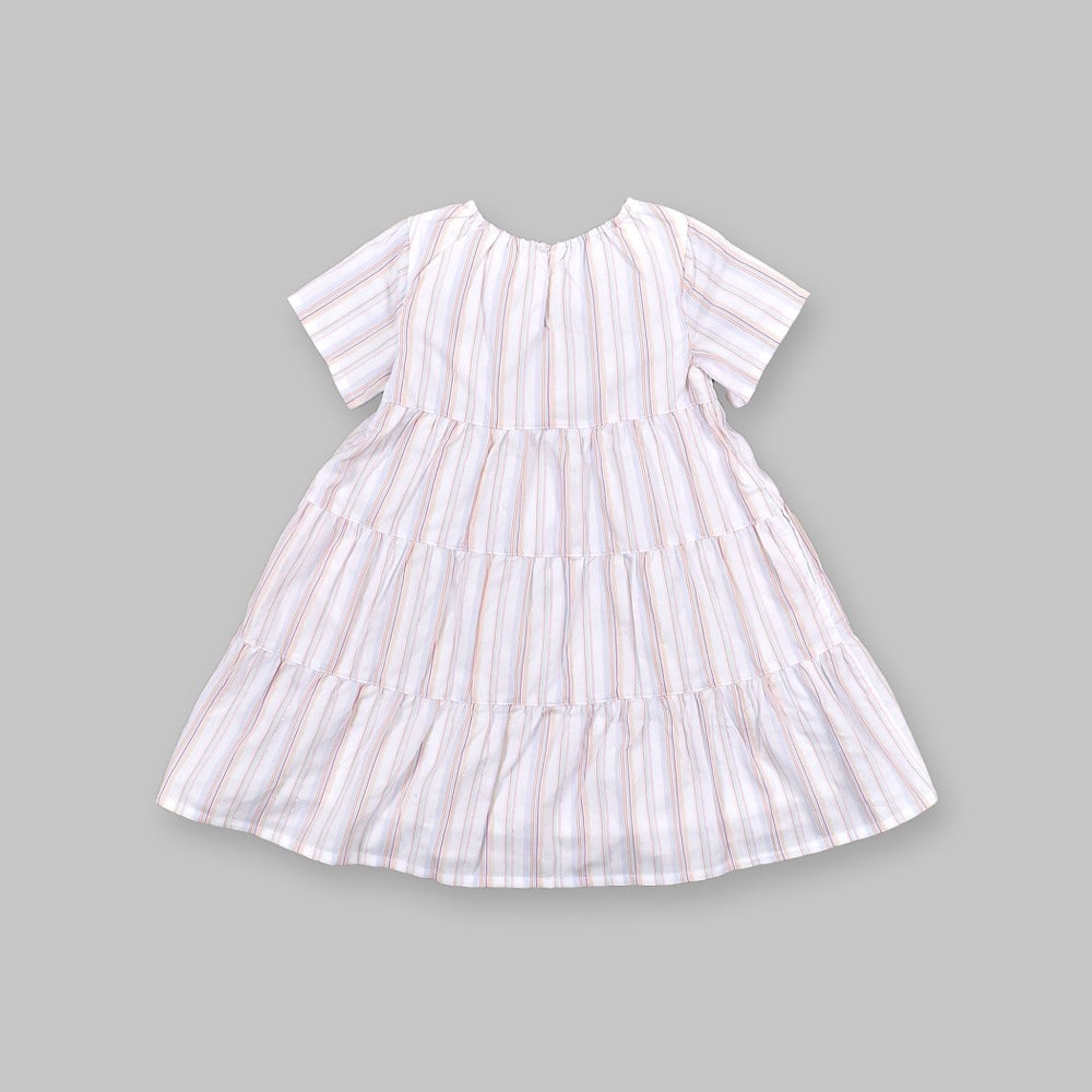 ストライプ ティアード 裏地付 ワンピース (90~130cm) オレンジ系 130cm