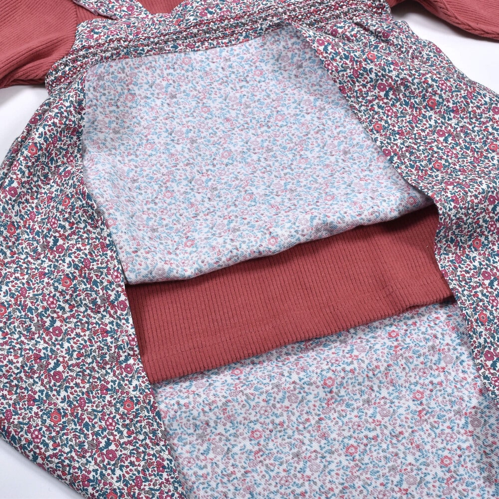 【 お揃い 】 花柄 プリント スモッキング 刺繍 ドッキング Wフェイス ワンピース (80~130cm) グリーン系 110cm