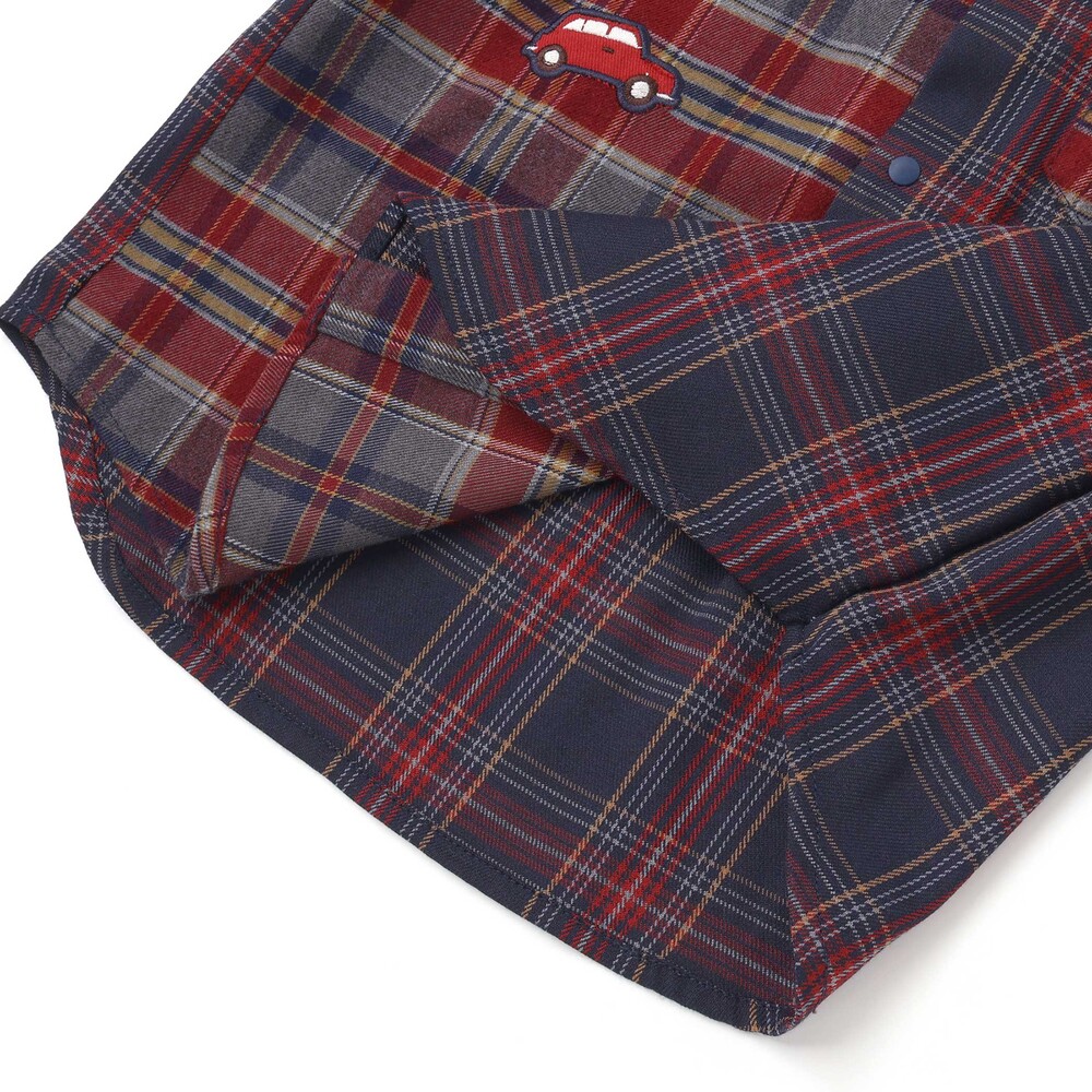 【お揃い】もこもこボア襟切り替えチェックシャツ(90~130cm) ネイビー×レッド系 90cm
