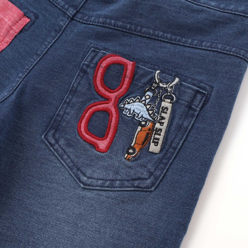 恐竜くるまキーチェーン刺しゅうデニムニットパンツ(80~130cm) ネイビー 80cm