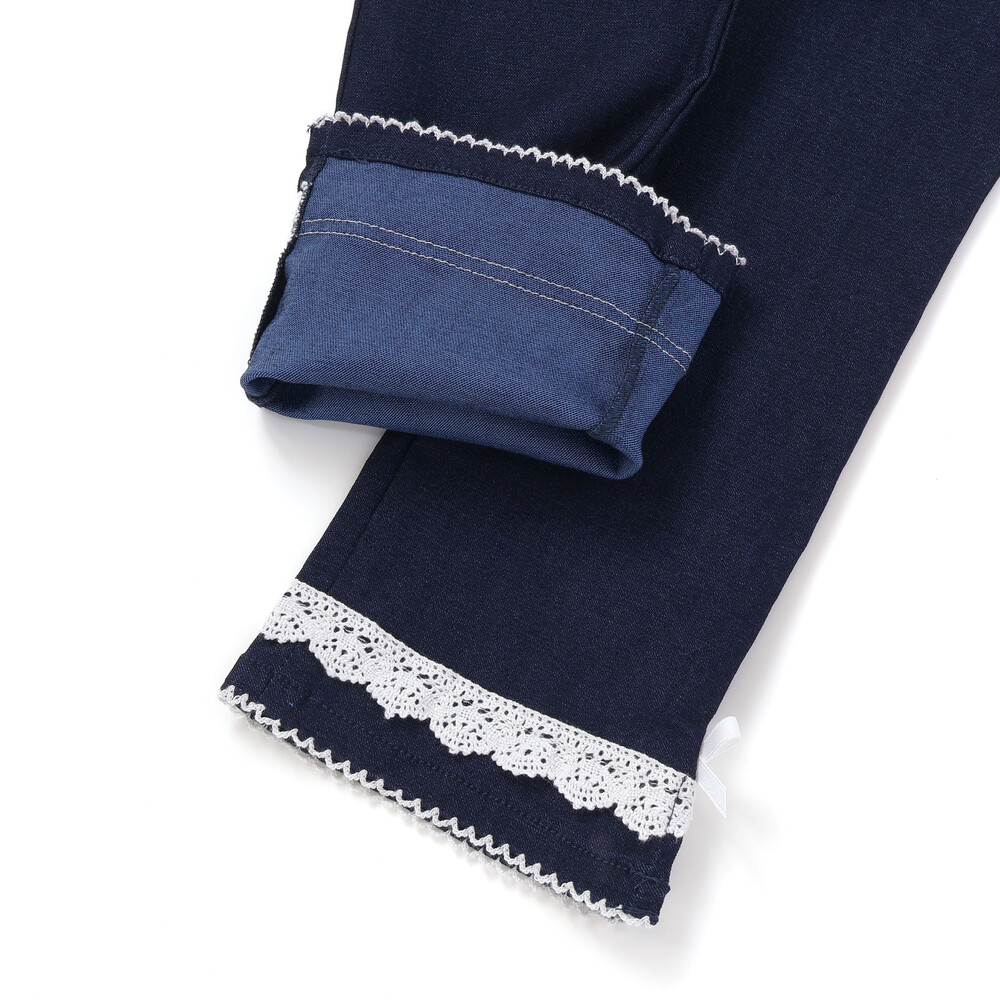 裾レース&リボンストレッチツイルロングパンツ(90~130cm) ネイビー 90cm
