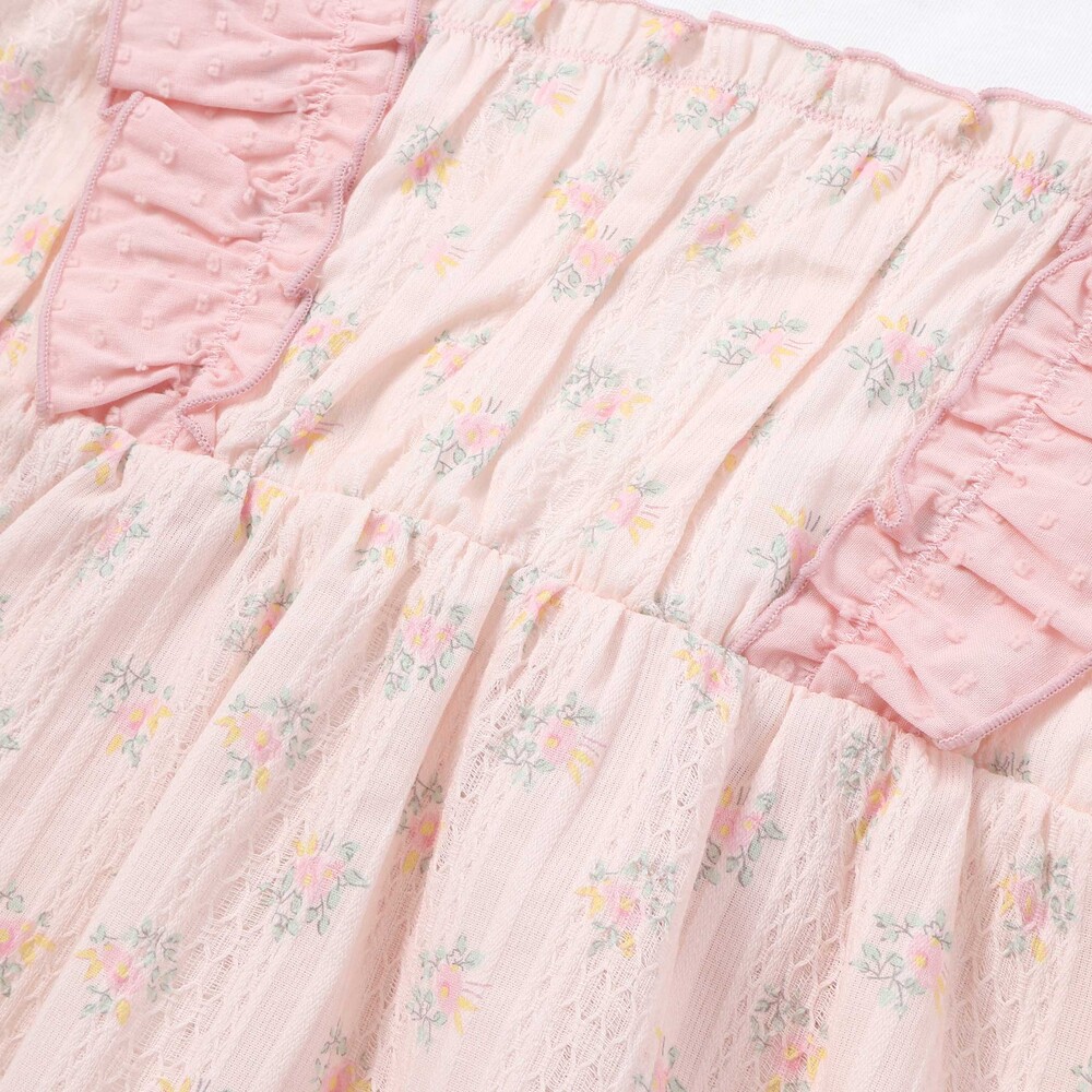 肩フリル花柄レースドッキング半袖Tシャツ(80~130cm) イエロー系 80cm