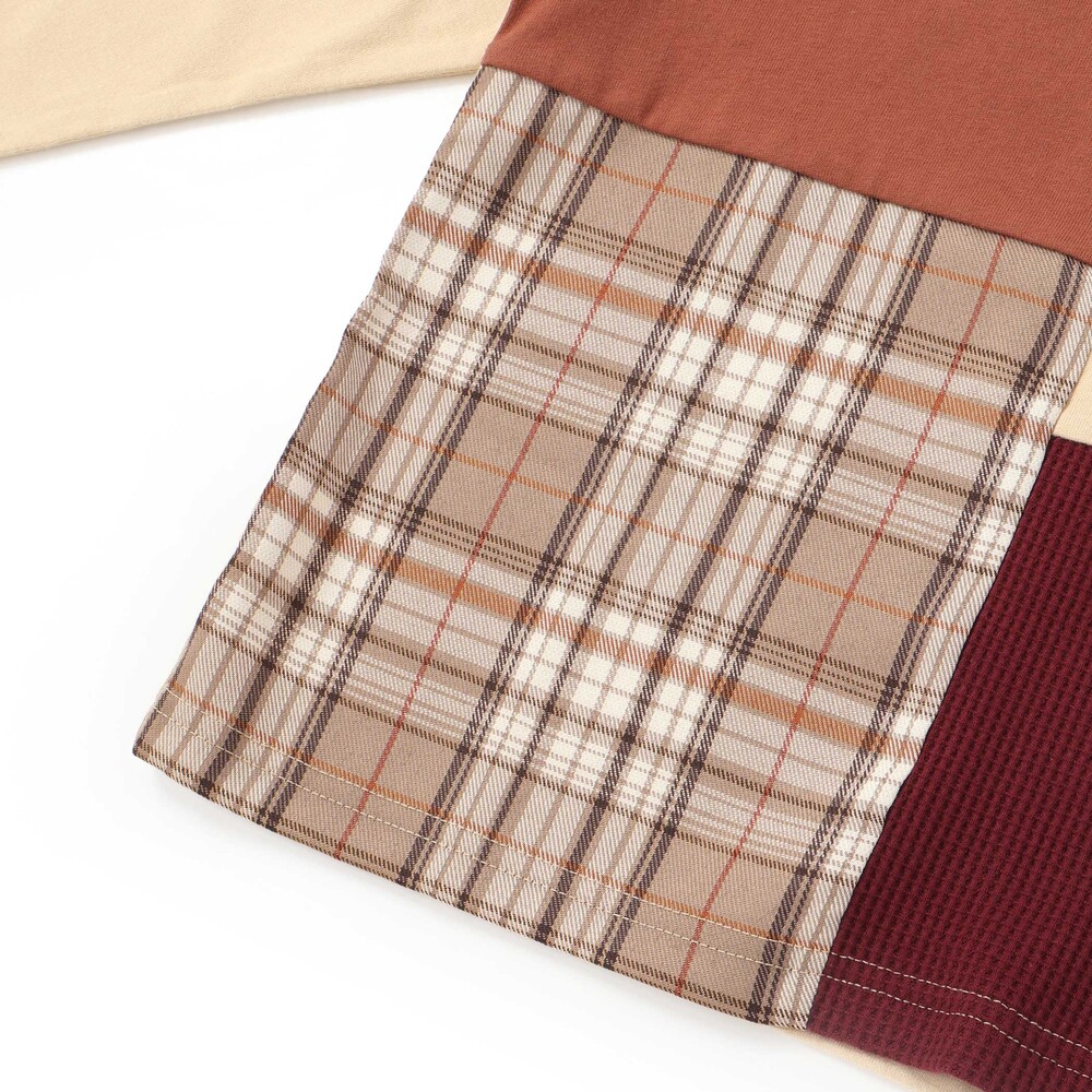 【お揃い】モチーフ刺しゅうチェック切り替え長袖Tシャツ(80~130cm) オフホワイト 80cm