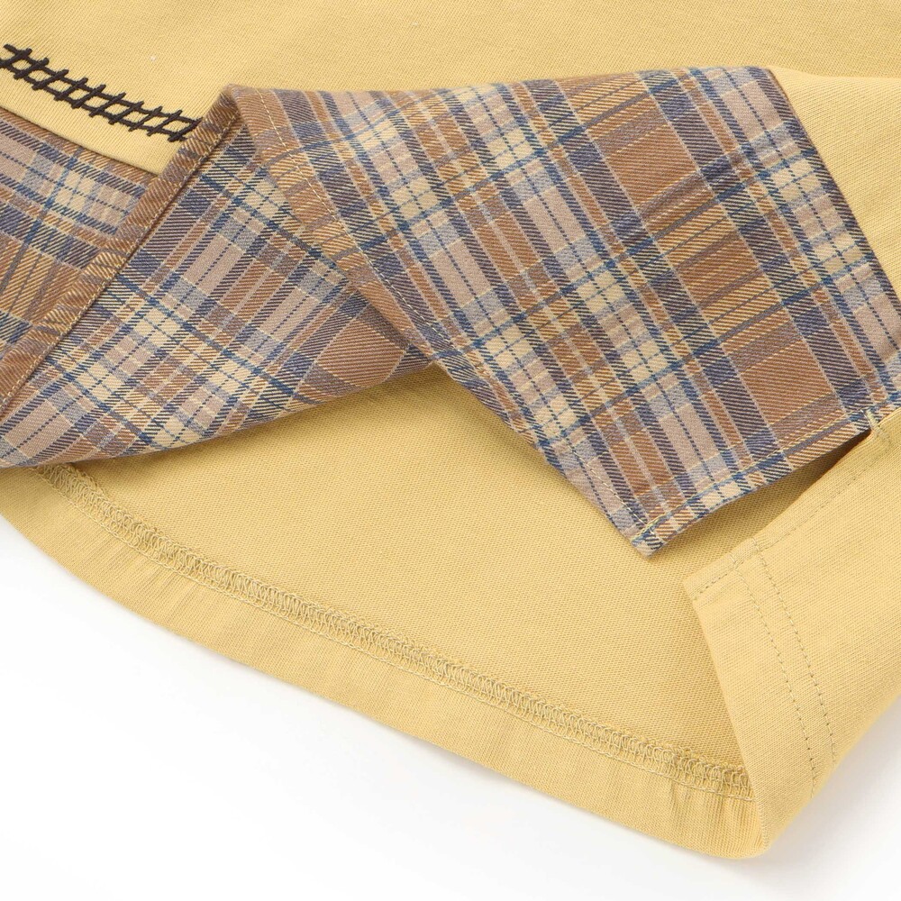 電車モチーフチェック切り替え長袖Tシャツ(80~130cm) イエロー 80cm