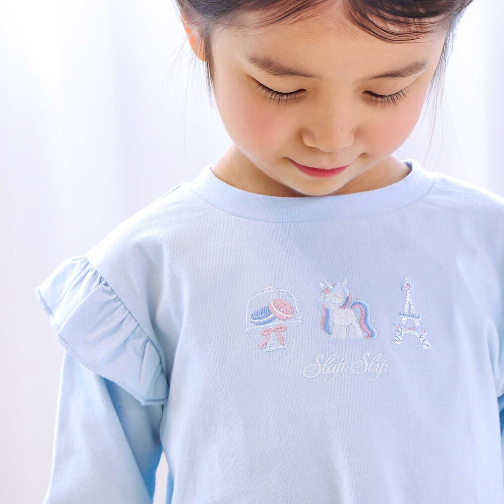 【スララク/防汚加工/オーガニックコットン】ときめきデザイン女の子長袖Tシャツ(80~130cm) ブラックドット×チェリー刺しゅう 80cm