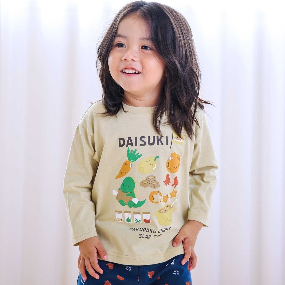 【スララク/防汚加工/オーガニックコットン】わくわくデザイン男の子長袖Tシャツ(80~130cm) ネイビー×ワニ恐竜消防車 80cm
