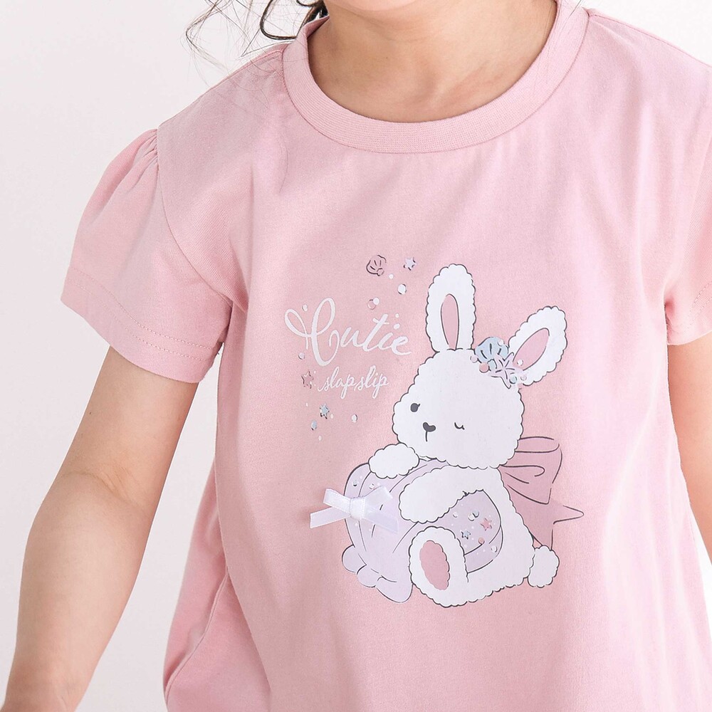 【スララク/吸汗速乾/接触冷感/オーガニックコットン】ときめき女の子半袖Tシャツ(80~130cm) コーラル×お花アイス×袖フレア 80cm
