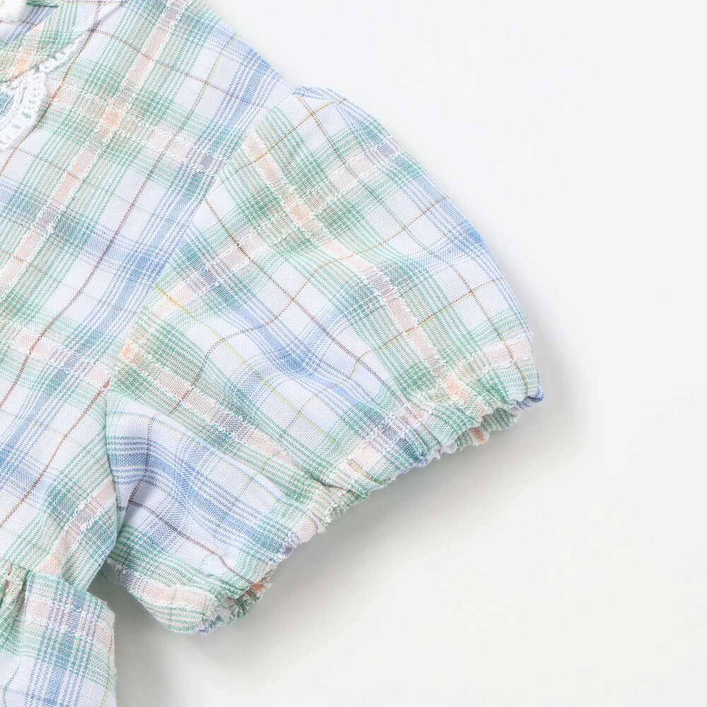 【お揃い】リボン付きマドラスチェックカバーオールベビー(70~80cm) ブルー系 70cm