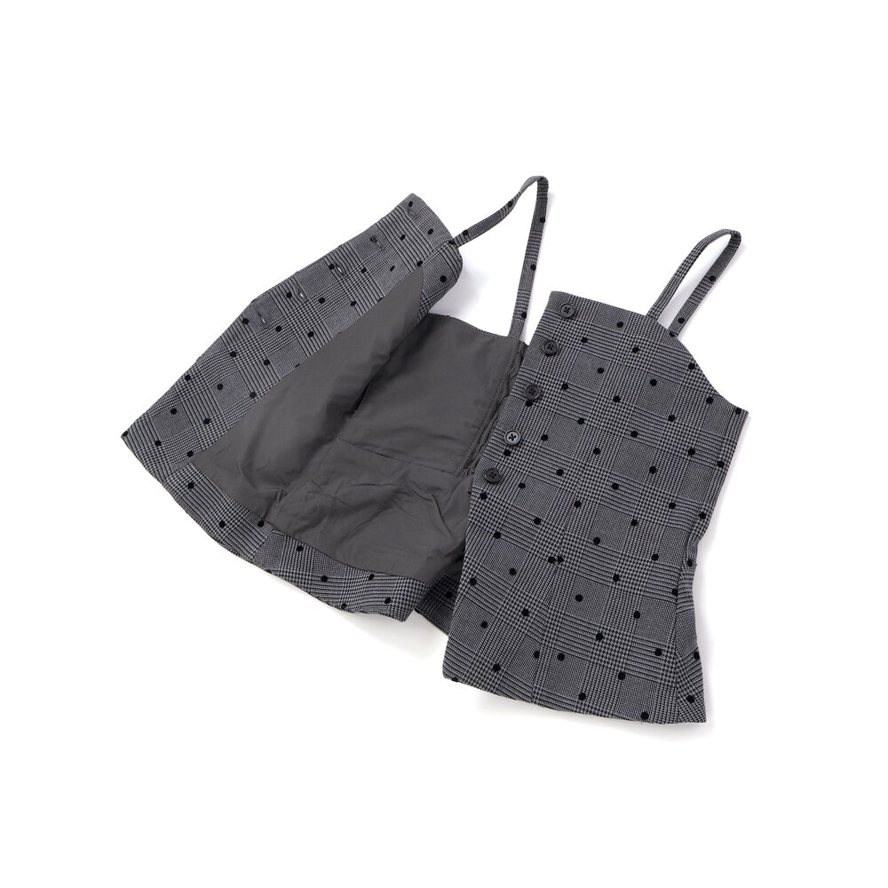 【お揃い】グレンチェック×ドットビスチェ+フリル袖テレコハイネックTシャツ セット(100~160cm) グレー系 100cm