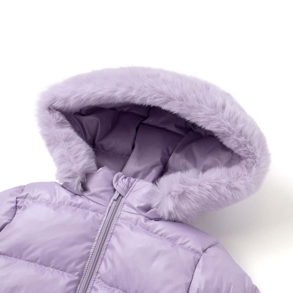 【撥水加工】シャイニータフタウエスト切り替えシャギーファーフードダウンコート(90~150cm) ピンク 90cm