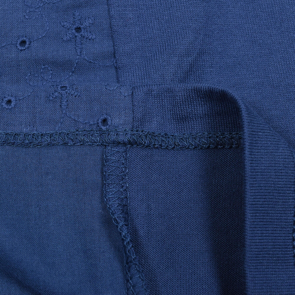 レース切替フラワー刺繍フリル袖Tシャツ ネイビー