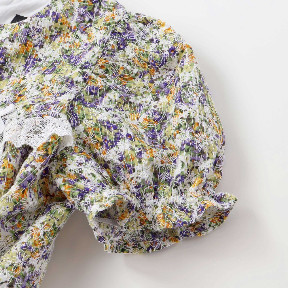 花刺しゅう+花プリントワンピース(95~150cm) パープル系 95cm