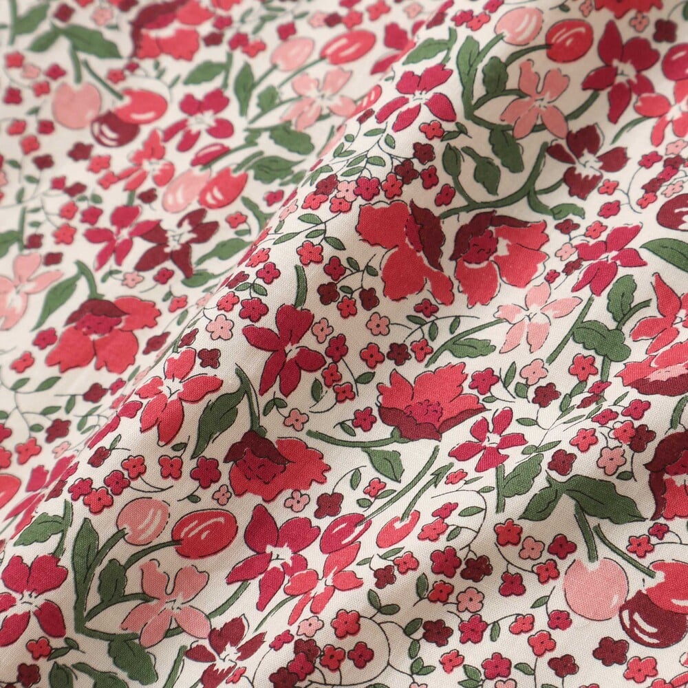 【日本製】リバティタナローン(Coward)花柄ワンピース(90~140cm) レッド系 100cm