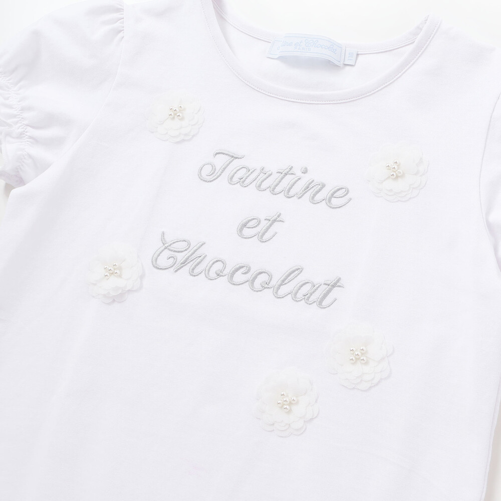 ベア天竺 フラワーモチーフ ロゴ刺しゅうTシャツ(100~140cm) ホワイト 100cm