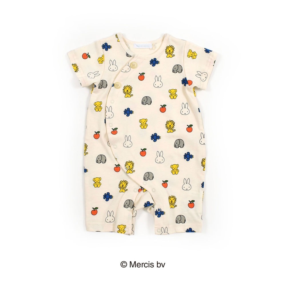 【miffy×bebe reduction コラボアイテム】ミッフィー 動物 総柄 半袖 カバーオール (70~90cm) オフホワイト系 70cm