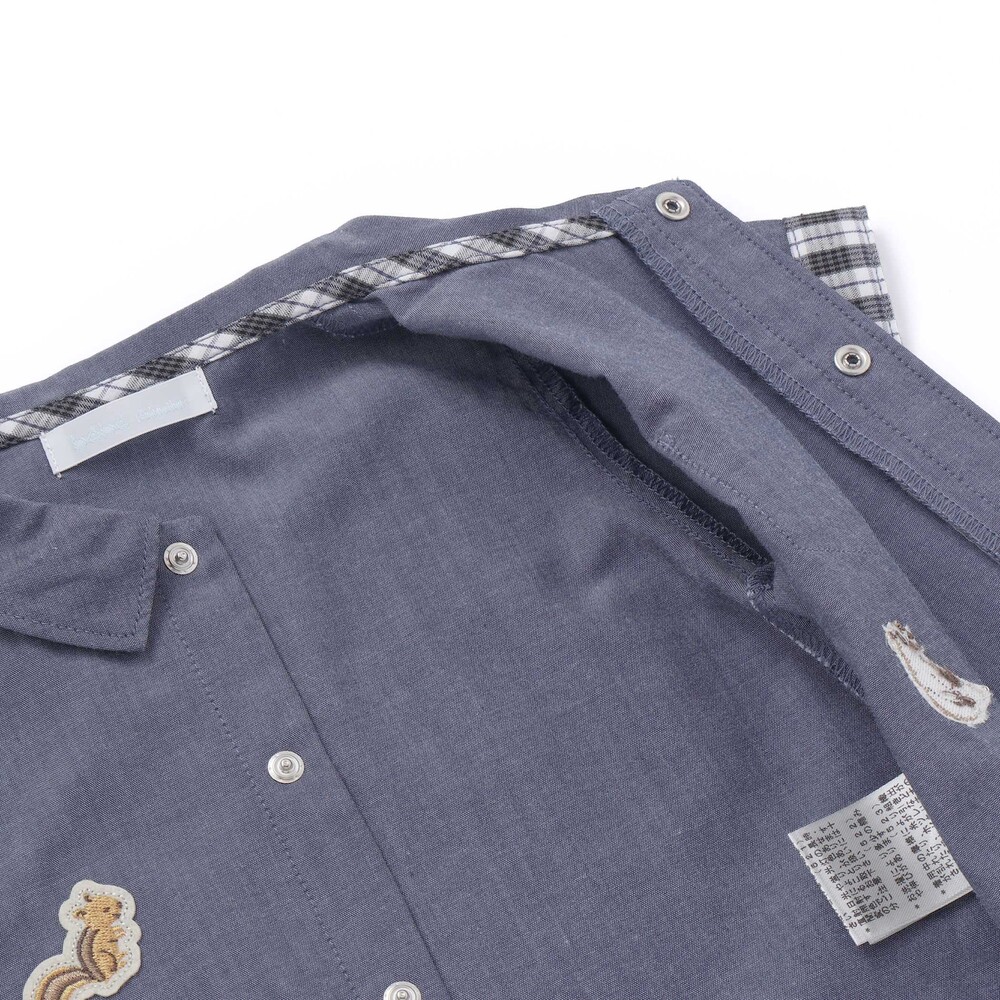 森のどうぶつプリントワッペン付きダンガリー半袖カバーオール(70~80cm) ネイビー 70cm